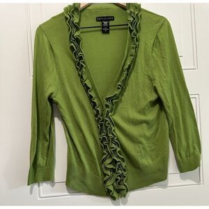 Apostrophe‎ Green Ruffles Cardigan Button Down V Neck Women's Large Light